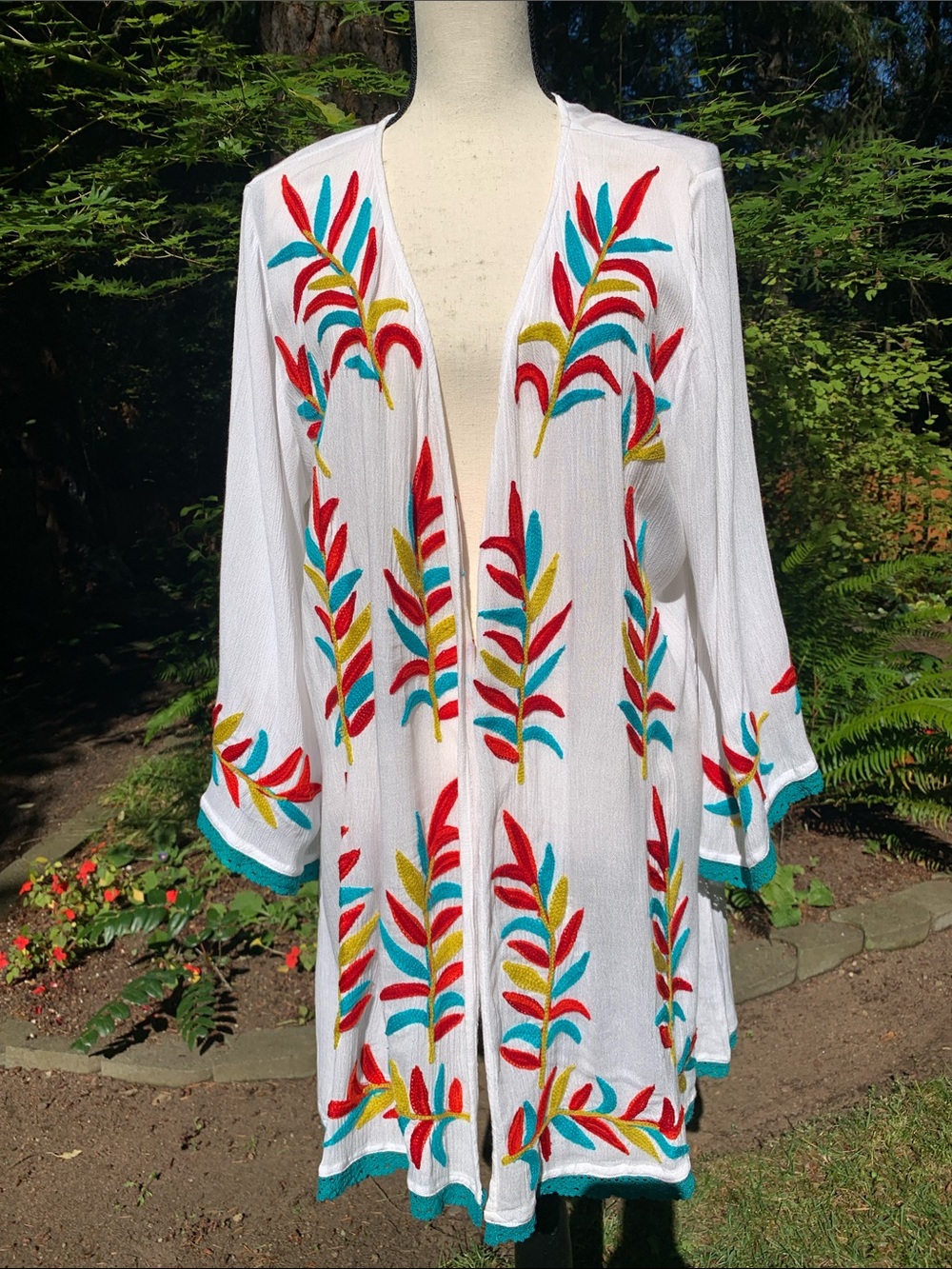 Shoreline White Open-Front Cardigan/Cover Up with Red, Teal & Gold Embroidery